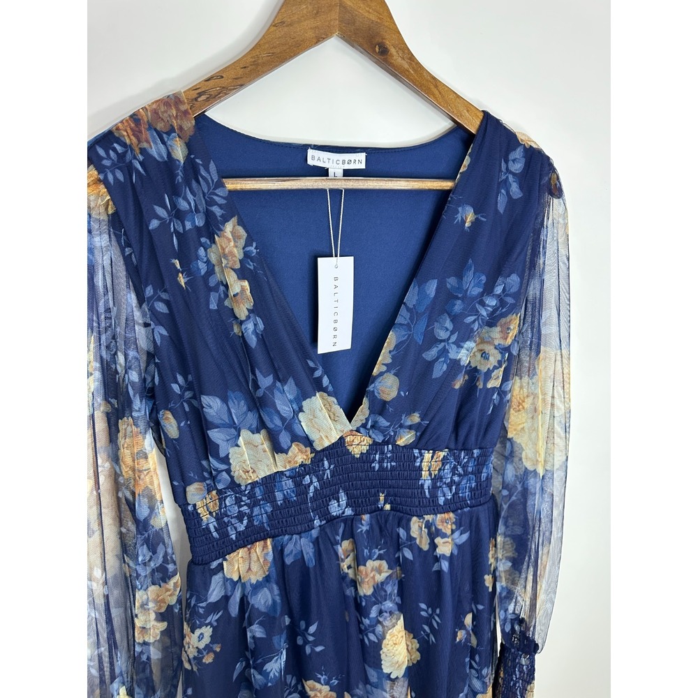NEW Baltic Born Layla Tulle Maxi Dress Blue Golden Floral V-Neck Smocked Large - Picture 4 of 16